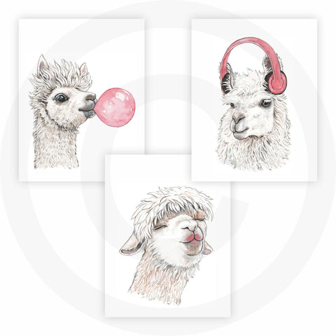 FannyD Llama & Alpaca UNFRAMED Watercolor Art 3 Print Set 8.5" x 11" for Bedroom, Bathroom, Kitchen, Nursery etc