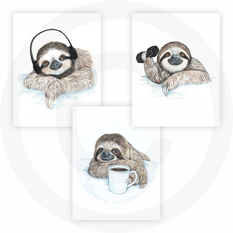 FannyD Sloths UNFRAMED Watercolor Art 3 Print Set 8.5" x 11" Perfect for Bedroom, Bathroom, Kitchen, Nursery etc. Can Be Framed 8" x 10" or Larger with mat. Unique Wall Decor!! (Sloths Brown)